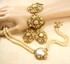 BIG Haskell style Parure Seed PEarl CLuster bracelet earrings necklace - £434.96 GBP