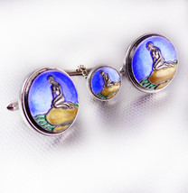 Vintage Mermaid Cufflinks enamel set tie tac Swank Fairy tale Mythical sea nymph - £129.62 GBP