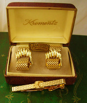 Krementz Hand Crafted 14kt Gold Overlay Cufflinks Vintage Tie Clip Set Mesh Wrap - $125.00