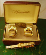 Krementz Hand Crafted 14kt Gold Overlay Cufflinks Vintage Tie Clip Set M... - $125.00