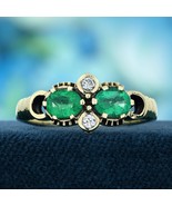 9K Yellow Gold Natural Emerald and Diamond Vintage Style Two Stones Ring - $600.00
