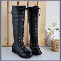  Flat Black Knee High Round Toe Leather Lace Up Low Block Heel Winter Boots image 1