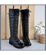  Flat Black Knee High Round Toe Leather Lace Up Low Block Heel Winter Boots - £77.11 GBP