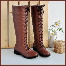  Brown Knee High Round Toe Leather Lace Up Low Block Heel Winter Boots