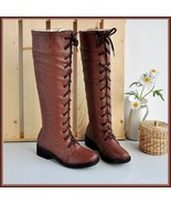  Brown Knee High Round Toe Leather Lace Up Low Block Heel Winter Boots - £76.69 GBP