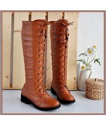Red Clay Knee High Round Toe Leather Lace Up Low Block Heel Winter Boots - £77.11 GBP