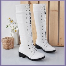 White Knee High Round Toe Leather Lace Up Low Block Heel Winter Boots