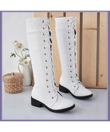 White Knee High Round Toe Leather Lace Up Low Block Heel Winter Boots - £77.11 GBP