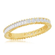 Silver Half Round and Half Baguette CZ Eternity Band Ring - Gold Plated - £24.37 GBP