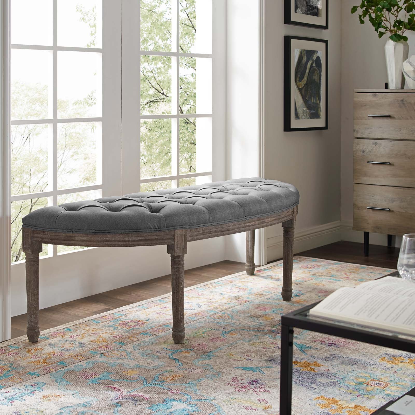Esteem Vintage French Upholstered Fabric Semi-Circle Bench Light Gray EEI-3369-L