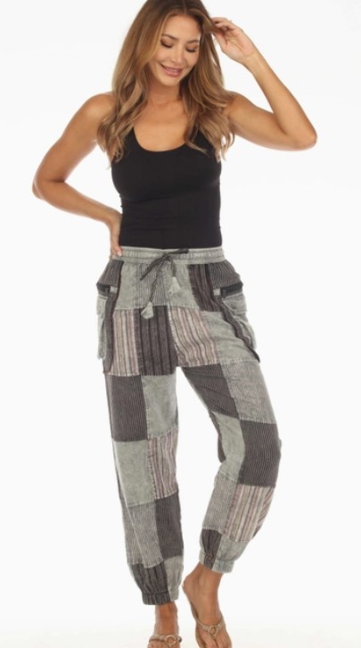 Black Grey Patchwork Cotton Cargo Harem Pants    Hippie  Unisex  XL  L  M