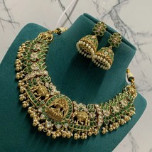 Gold Plated Bollywood Style Indian Necklace Kundan Temple Green Jewelry Set - £149.08 GBP