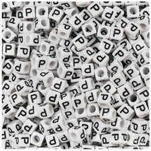 BeadTin White Opaque 6mm Cube Plastic Alphabet Beads- Black Letter P (80... - $2.09