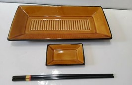 Sakura Sushi Tray Chopsticks Dish Port Of Call MANDALAY Black Mustard Brown 12&quot;  - £19.96 GBP