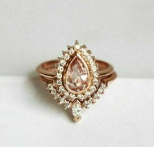 2.50Ct Pear Cut Peach Morganite Bridal Set Engagement Ring 14K Rose Gold Finish - £111.93 GBP