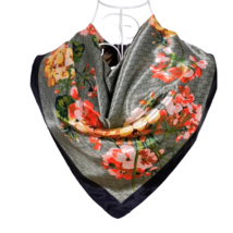Anyyou Scarf for Women Floral Green Print Black Square Silk Shawl For Su... - €15,26 EUR