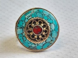 Turquoise Coral Lapis Ring Copper Fashion Jewelry Crushed Inlay Sz 12 - £40.17 GBP