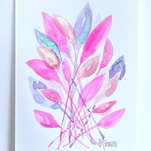 Funky Leaves Parade Pink Original Watercolor Wall Art Painting Matted 8x10in - £39.19 GBP
