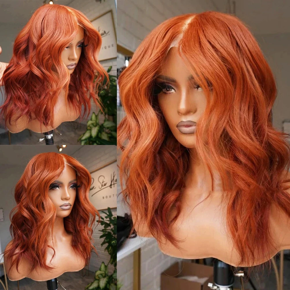 RONGDUOYI Short Wavy Orange Ginger Bob Synthetic Lace Front Wig Middle Part Bo - £44.79 GBP+