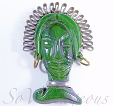 Bakelite Green Swirl Deeply Carved Exotic Face Brooch - £123.87 GBP