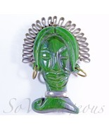 Bakelite Green Swirl Deeply Carved Exotic Face Brooch - $155.00