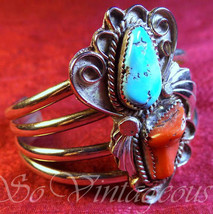 Navajo Old Pawn Sterling, Candelaria Turquoise &amp; Coral Bracelet, 54g  - £156.38 GBP