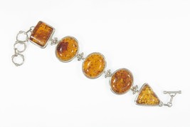 Wide Five Stone Amber Statement Piece Sterling Silver Toggle Bracelet - £457.00 GBP