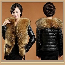 Black Sheepskin Faux Leather Down Coat w/ Racoon Dog Faux Fur Collar on Jacket  image 2