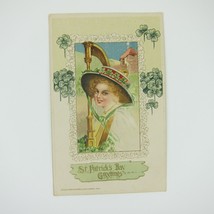 St. Patricks Day Postcard Woman Hat Gold Harp Shamrocks Winsch Antique 1914 - £7.96 GBP