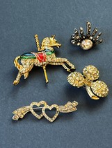 Lot Clear Rhinestone Encrusted Double Heart Swoosh Clover &amp; Carousel Horse w Red - £10.52 GBP