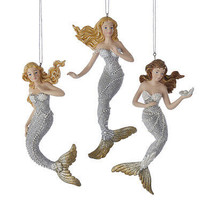 Kurt Adler Set Of 3 Silver &amp; Gold Mermaid Nautical Coastal Christmas Ornaments - £24.67 GBP