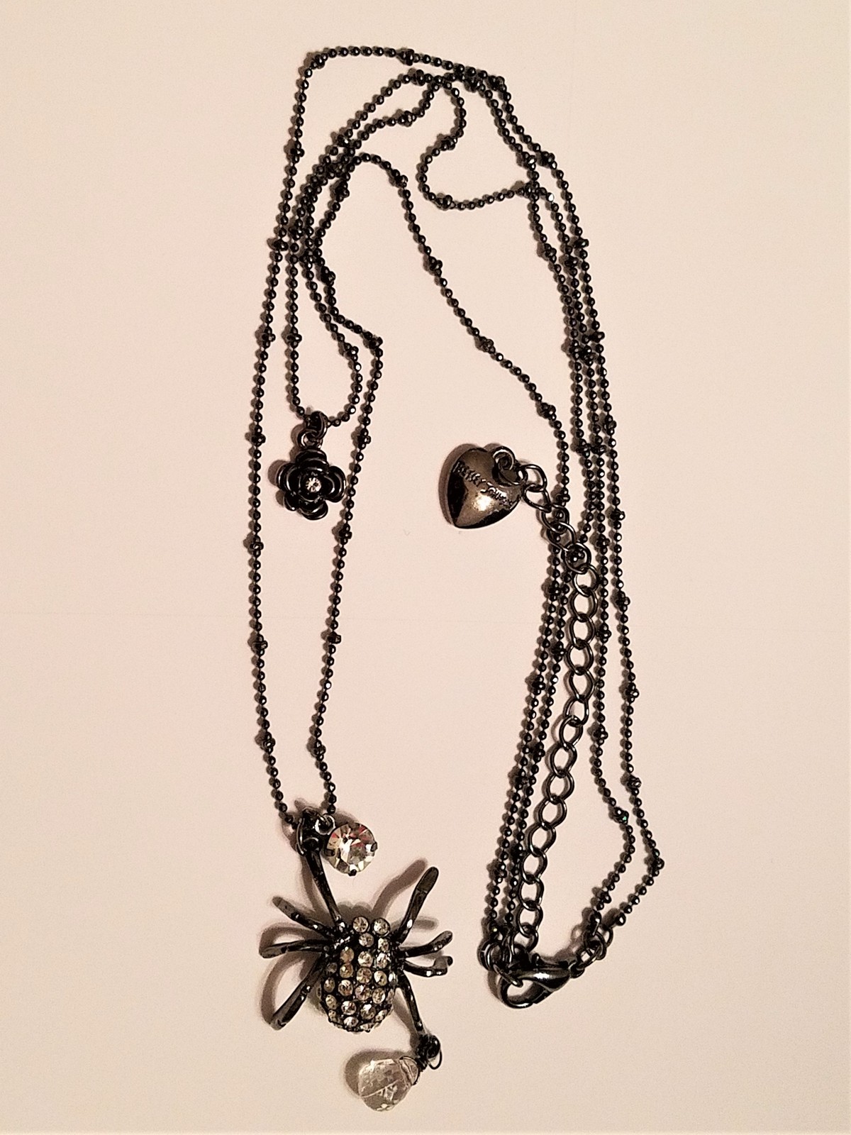 Betsy Johnson Rhinestone Spider and Rose -  2 Strand Black Ball Chain Necklace  - £17.29 GBP