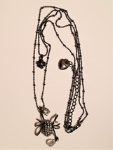 Betsy Johnson Rhinestone Spider and Rose -  2 Strand Black Ball Chain Necklace  - £17.57 GBP