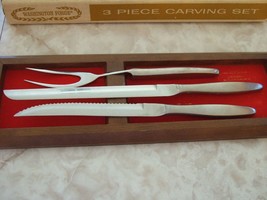 3 PC CARVING SET WASHINGTON FORGE STAINLESS WOOD HOLDER w/ KNIVES AND FORK - $14.18