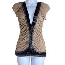 Sass &amp; Bide Womens Size 2 Ruched Front Top Blouse Tan Black Embellished Sparkle - $46.74