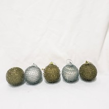Set 5 Silver Gold Glitter Metal Looped 2.5&quot; Round Ball Christmas Ornaments - £17.84 GBP