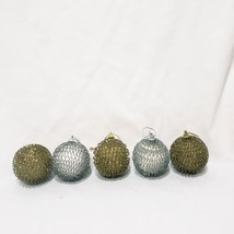 Set 5 Silver Gold Glitter Metal Looped 2.5&quot; Round Ball Christmas Ornaments - £17.02 GBP