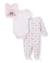 NWT Nannette Baby Girls Kitty Cat Sleeper Pajamas Bodysuit Bib Layette Set 6-9 M - £8.76 GBP