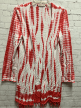 Soft surroundings Red White Open Front Long Cardigan Shacket Duster Tassels M - $16.85