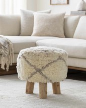 Sommatino Cream Wool Ottoman With Mango Wood Base From India - $96.09