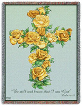 72x54 YELLOW ROSE CROSS  Floral Religious Tapestry Afghan Throw Blanket - £50.64 GBP