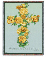 72x54 YELLOW ROSE CROSS  Floral Religious Tapestry Afghan Throw Blanket - £49.61 GBP