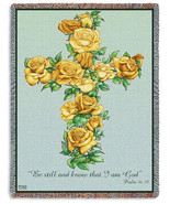 72x54 YELLOW ROSE CROSS  Floral Religious Tapestry Afghan Throw Blanket - $63.36