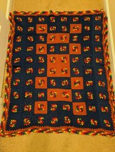 Vintage Hand Made Crochet Granny Square Afghan Blue Rust 3D Flowers Rainbow Edge - $9.50