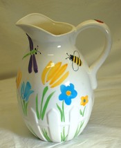 Picket Fence Floral Pitcher Dragonflies Bees Lady Bugs Ceramic Vibrant C... - $49.49