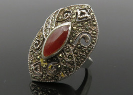 925 Silver -  Vintage Carnelian &amp; Marcasite Swirl Cocktail Ring Sz 5 - RG14324 - $37.70