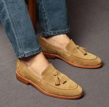 New Pure Handmade Tan Suede Leather Stylish Tassel Loafer Shoes for Men&#39;s - $159.99