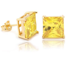 Princess Cut Canary Yellow Austrian Zircon Stud Earrings 14k gold over Base - £27.40 GBP+