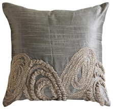 Silver Jute Swirls 16&quot;x16&quot; Silk Throw Pillows Cover, Silver Jute - £22.70 GBP+