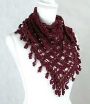 Shawl wrap Handmade Crochet Lace Fringe Burgundy Triangle - $34.65